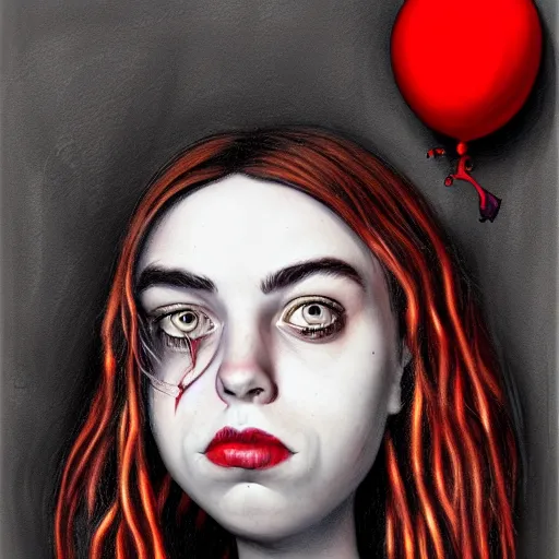 Image similar to surrealism grunge cartoon portrait sketch of billie eilish with a wide smile and a red balloon by - michael karcz, loony toons style, monsters inc style, horror theme, detailed, elegant, intricate