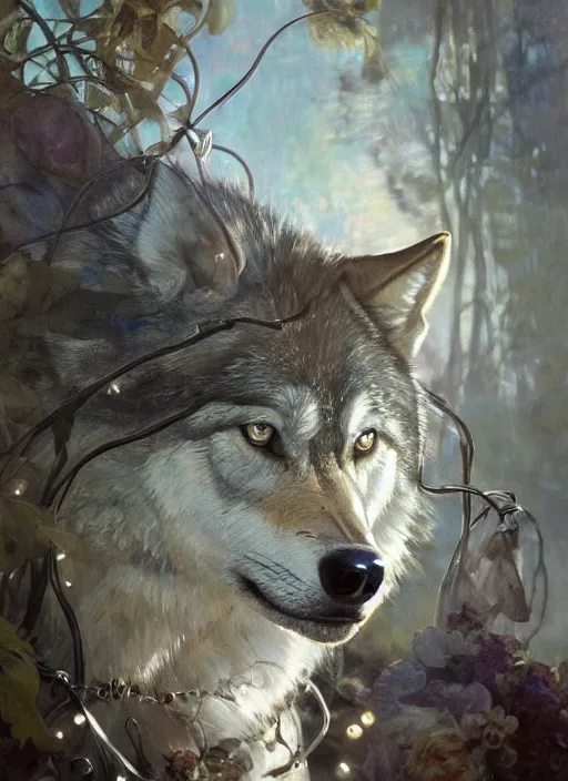 Prompt: wolf hyperrealistic portrait, surrounded by silver wires, dripping moonstone and white nightshade flowers, by jeremy mann and alphonse mucha, fantasy art, photo realistic, dynamic lighting, artstation, poster, volumetric lighting, dramatic light, very detailed faces, 8 k, award winning