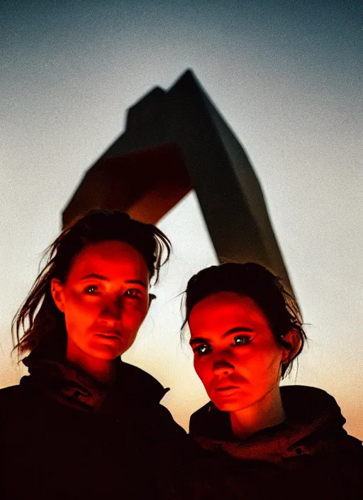 Prompt: cinestill 5 0 d photographic portrait of two loving female androids wearing rugged black techwear on a desolate plain with a red sky in front of a brutalist sculpture, extreme closeup, cyberpunk style, dust storm, 8 k, hd, high resolution, 3 5 mm, f / 3 2, ultra realistic faces, ex machina