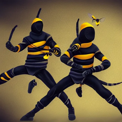 Image similar to a team of bee ninjas, hyperrealistic, digital art, 4 k