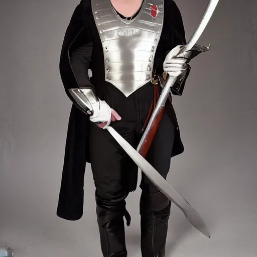 Prompt: full body photo of elon musk cosplaying a musketeer, he has a big black hat and holds a shiny sword