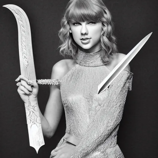 Prompt: taylor swift posing holding an elven sword, high quality studio photograph