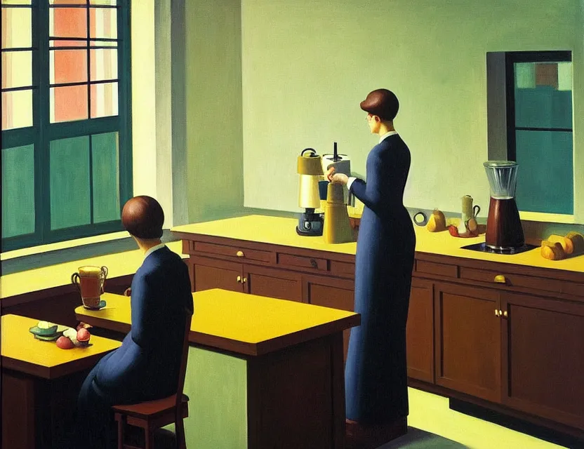 Image similar to a painting of a professor making a study of drinking 1 0 cups of coffee into a droste effect, dark monday mood in a kitchen that is slowly melting, styled and painted by edward hopper and rene magritte