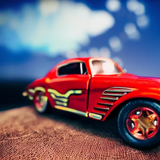 Prompt: 3 5 mm photo of metallic red and blue wonder woman car like hot wheels model with a sky as background, epic cinematic, epic lighting