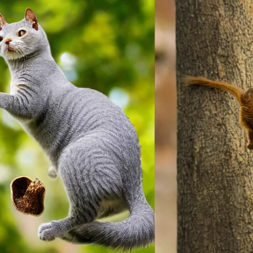 Image similar to A British Shorthair cat chasing a squirrel in a tree, realistic, close up, 8k, ultra high detail.