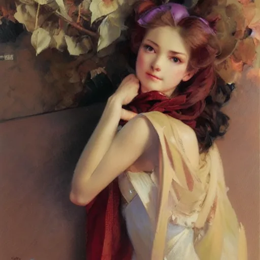 Image similar to a high fashion studio portrait of a cute anime girl, painting by gaston bussiere, craig mullins, j. c. leyendecker