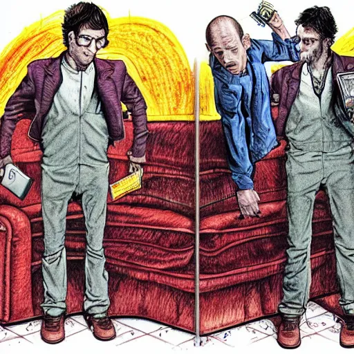 Image similar to The Artwork of R. Crumb and his Cheap Suit Breaking-Bad-Jesse-Pinkman, pencil and colored marker artwork, trailer-trash lifestyle