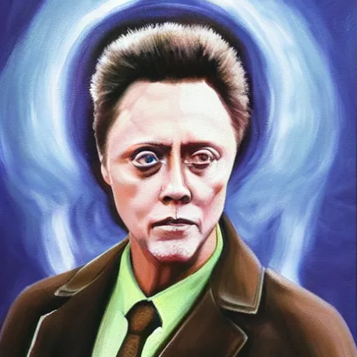 Image similar to Christopher Walken painted like a Saint with halo behind head