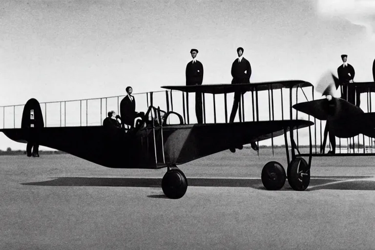 Image similar to still photo of the wright brothers taking off an airplane for the first time, black and white color photograph, highly detailed, photorealistic shot, bright studio setting, studio lighting, crisp quality and light reflections, unreal engine 5 quality render