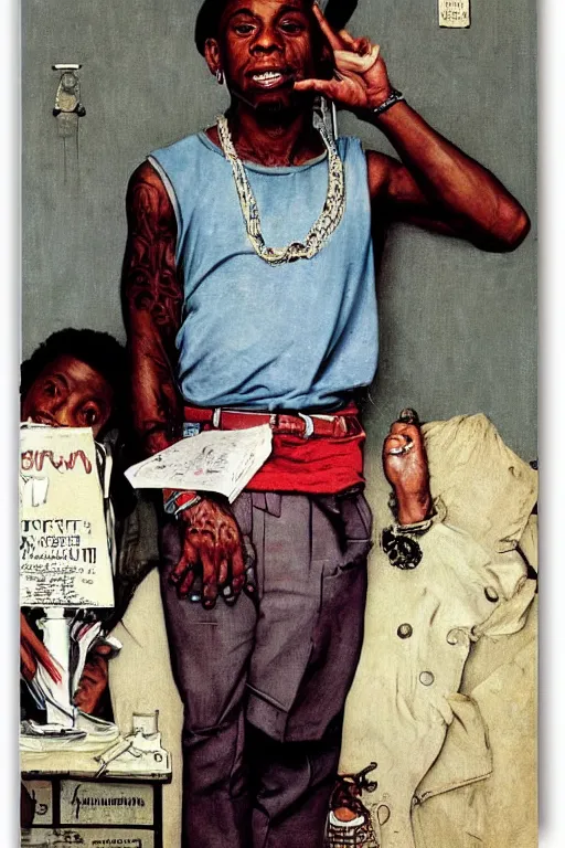 Image similar to lil wayne and his giant iphone painted by norman rockwell