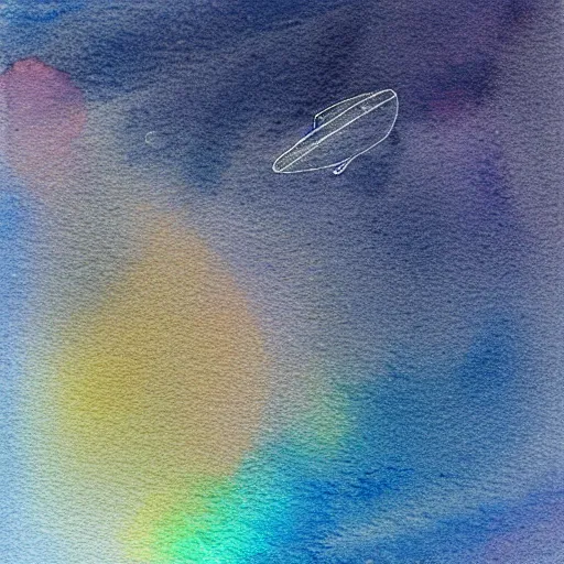 Image similar to low - angel view, from 1 0 0 0 meters in the distance, vague uap interstellar vehicle on top of an ephemeral rainbow in the sky, muted watercolor. minimalist, detailed, heavy under paint, muted colors. ue 5