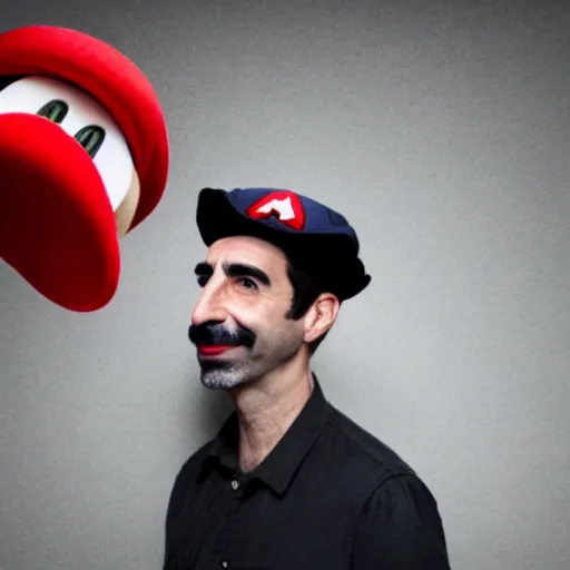 Image similar to serj tankian wearing mario hat