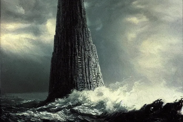 Prompt: awesome landscape rain lighting waves crashing by peder balke with an tall alien structure tower obelisk by hrgiger!!!!! huge bones standing out of the water ruins