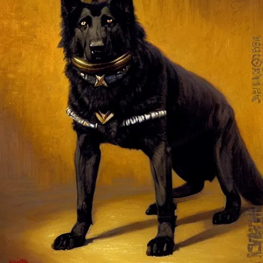 Image similar to a portrait of a man depicted as a black german shepherd dogman canine, star trek the next generation. highly detailed painting by gaston bussiere, craig mullins, j. c. leyendecker