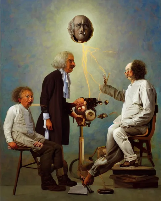 Image similar to painterly family portrait, isaac newton and stephen hawking and albert einstein, impasto, fantasy, chuck close:7, carl spitzweg:7, cinematic light, full face, symmetrical face