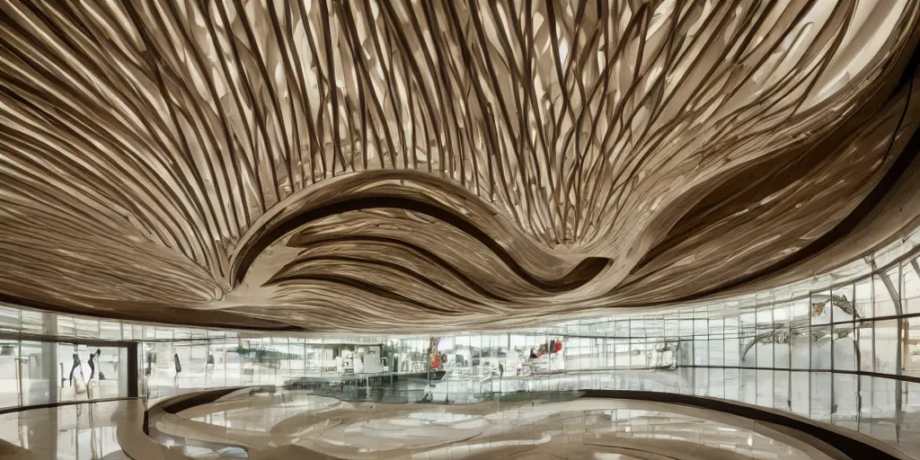 Prompt: extremely detailed stunning beautiful futuristic smooth curvilinear museum lobby interior