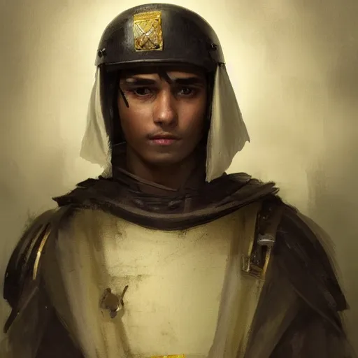 Image similar to Medium closeup young idealistic and pious homely male Imperial soldier wearing a black tabard with light yellow accents over a gambeson and a small!!! barbut helm, by Raymond Swanland Greg Rutkowski Lise Deharm, {perfect face}, {perfect eyes}, {uncertain look}, {on edge}