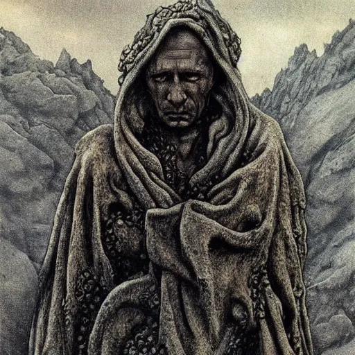 Image similar to A detailed gray-eyed tentacleheaded Putin stands among the mountains with a pebble in hands. Wearing a ripped mantle, robe. Extremely high details, realistic, fantasy art, solo, masterpiece, art by Zdzisław Beksiński, Arthur Rackham, Dariusz Zawadzki