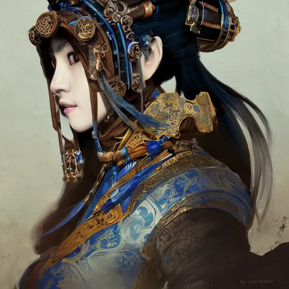 Image similar to ancient chinese princess with steampunk mask, dynasty warriors, elegant, unreal engine, 8 k, blue color scheme, headshot, highly detailed, smooth, ink painting, artstation, concept art, in style of yoji shinkawa, pan ren wei, col price, atey ghailan, by greg rutkowski, aesthetic