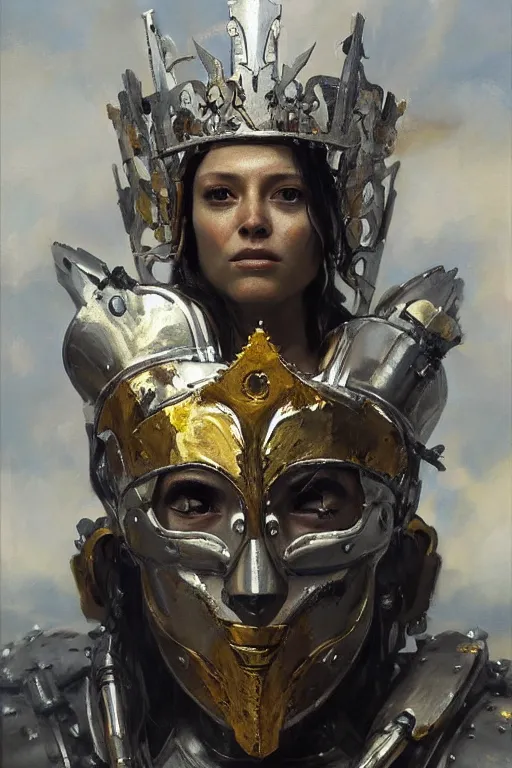 Prompt: beautiful expressive oil painting portrait of ancient cyborg god queen, silver armor, with a scratched gold skull mask ascending wearing a neo japan crown, art by anders zorn, wonderful masterpiece by greg rutkowski, beautiful cinematic light, american romanticism by greg manchess, jessica rossier