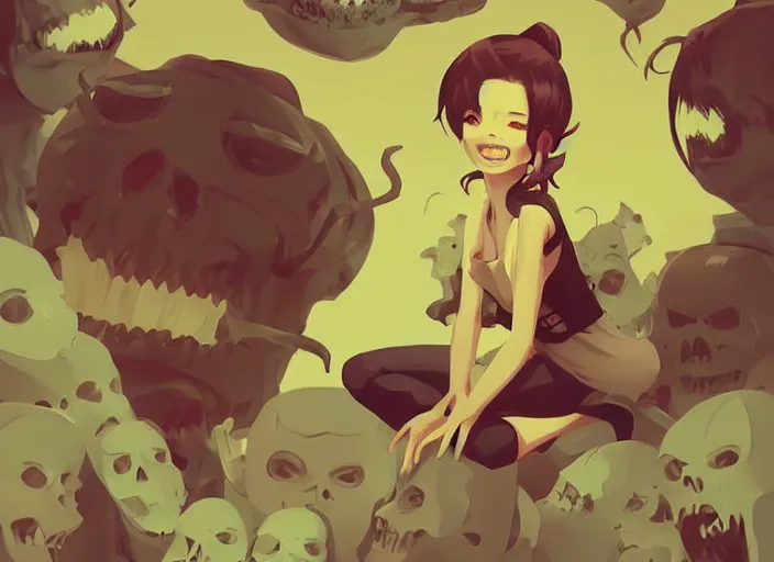 Image similar to cute smiling demon sitting on a pile of skulls. clean cel shaded vector art. behance hd by lois van baarle, artgerm, helen huang, by makoto shinkai and ilya kuvshinov, rossdraws, illustration, art by ilya kuvshinov