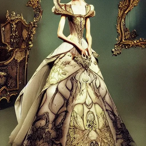 Image similar to fashion design inpired by fairy tale, for dragon queen, designed by alexander mcqueen, rococo