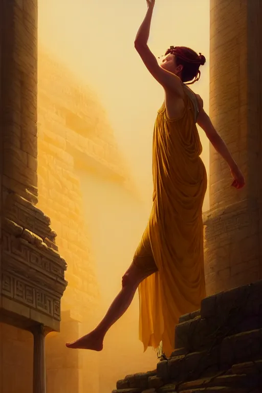 Image similar to high detail portrait, screaming woman wearing ancient greek yellow paper tunic, hands in air, stephen bliss, fantasy art by greg rutkowski, rhads, ferdinand knab, makoto shinkai and lois van baarle, ilya kuvshinov, rossdraws, tom bagshaw, global illumination, radiant light, ancient greek temple ruins, red and blue color theme