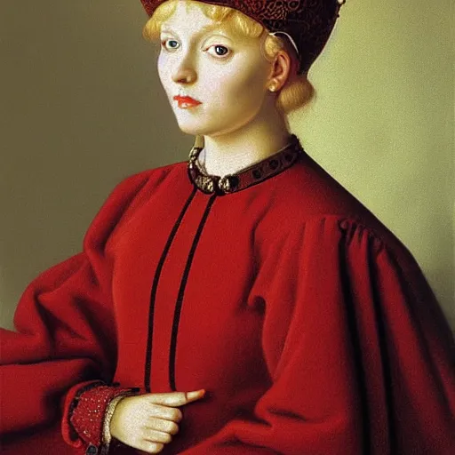 Image similar to blonde victorian princess, hyperrealism oil painting, jan van eyck