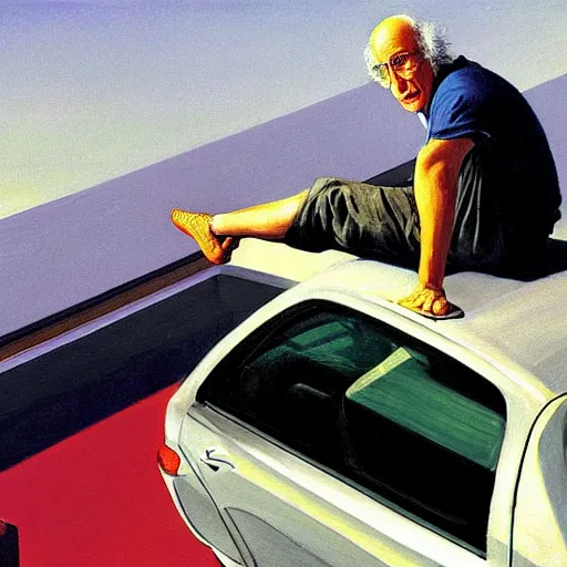 Prompt: larry david on roof of 2009 prius, edward hopper painting