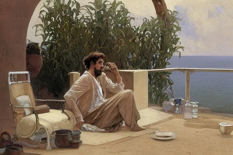 Prompt: a matte painting of a man sitting down and having a cup of tea in his house by the beach, by greg rutkowski, by alphonse mucha, muted colors