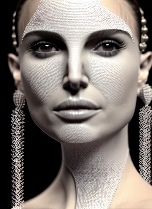 Prompt: 3 d printed model of an absurdly beautiful, graceful, sophisticated, fashionable woman, natalie portman, facial tattoos, in the style of irakli nadar and alexandre ferra and popovy sisters, intricate linework, white porcelain skin, faberge, intricate chrome chains, dark atmosphere, unreal engine 5 highly rendered, global illumination, radiant light, detailed and intricate environment