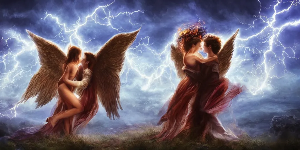 Image similar to young couple falling through clouds, winged angel kissing demon with tail. background clouds, illuminated by lightning and fire. highly detailed. photorealistic