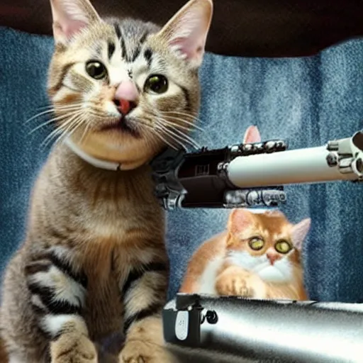 Prompt: realistic cute cat holding a giant minigun