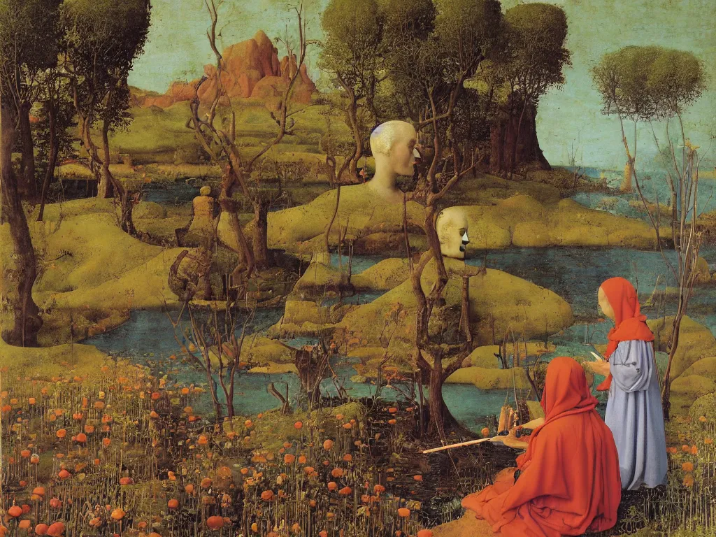 Image similar to Portrait of a painter painting on his easel knee deep in a river. Humanoid rocks, coral-like pebbles, orchard in bloom. Painting by Jan van Eyck, Roger Dean, Beksinski, Piero della Francesca