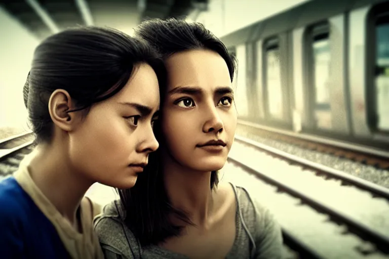 Image similar to vfx film closeup couple in a train station flat color profile low - key lighting award winning photography arri alexa cinematography, beautiful natural skin, famous face, atmospheric cool color - grade