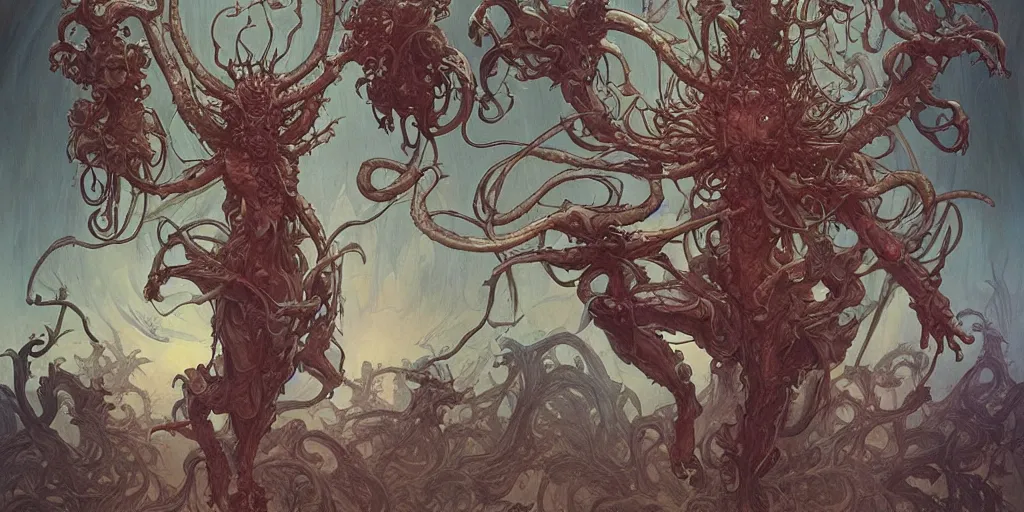 Image similar to epic concept illustration of a fungus demon god with many many arms, by james jean, by artgerm and greg rutkowski and alphonse mucha. uhd, amazing depth, cinematic lighting, glossy wet levitating floating fungus god with arms outstretched.