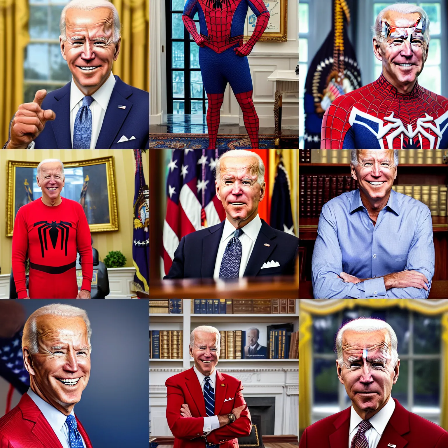 Image similar to professional head shot of joe biden wearing spiderman pajamas and standing in the oval office, very detailed, very intricate, detailed face,