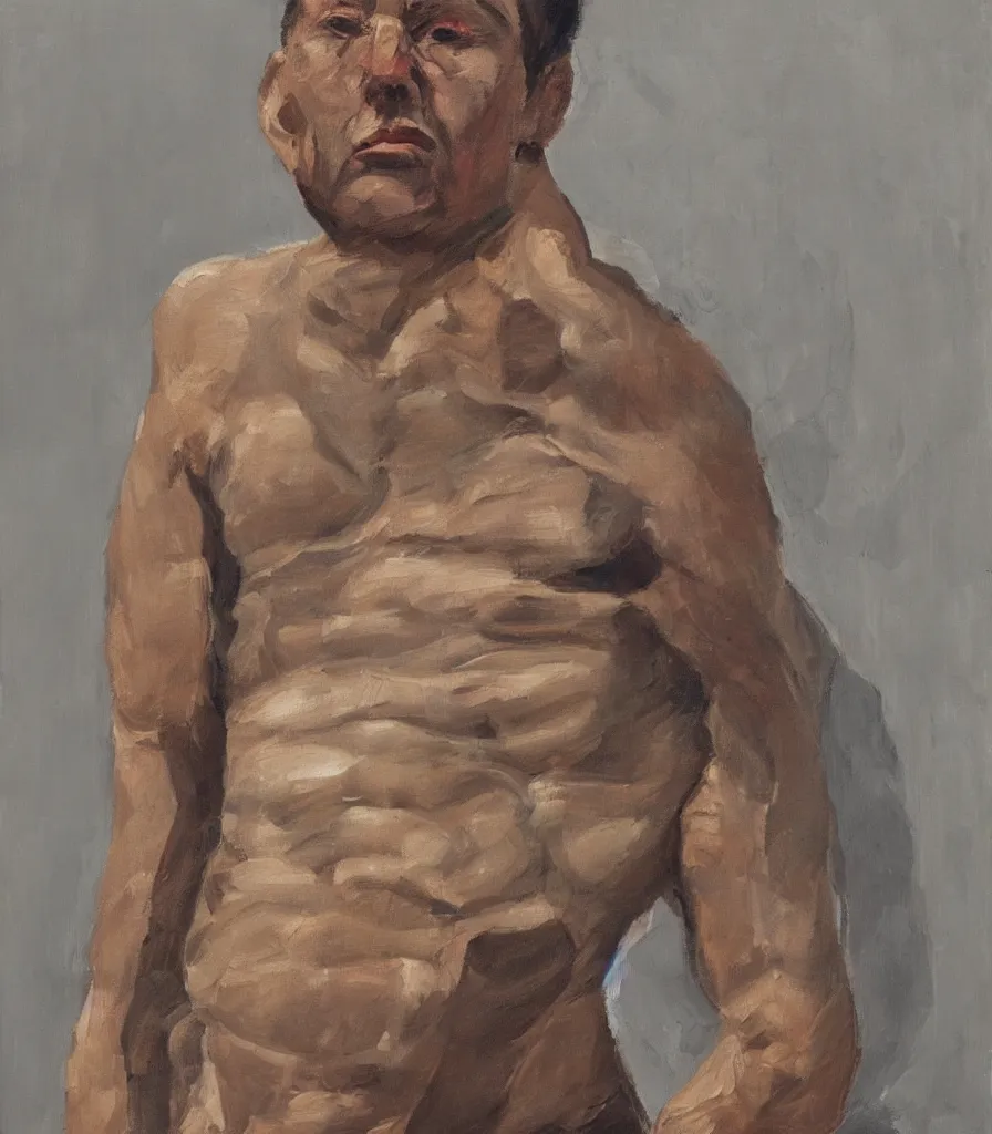 Image similar to medium close shot of a man without shirt in the style of lucian freud self portrait. oil painting, thick brush strokes. gray background. hard light from top. perspective from below. 5 0 mm