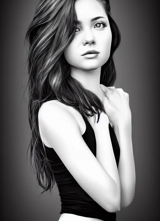 Image similar to full body portrait of a beautiful young woman in black and white, photorealistic, hair down to waist, sharp focus, in the style of Kevin Kostic, Stephen Lau and artgerm, hyper sharp focus, 8k highly detailed