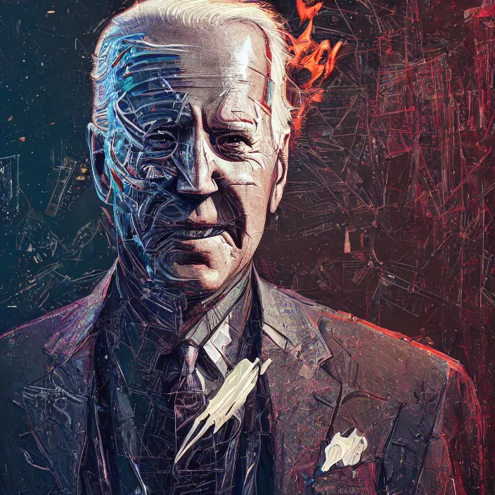 Prompt: portrait of joe biden as skeleton. burning distortions. intricate abstract. intricate artwork. by Tooth Wu, wlop, beeple, dan mumford. octane render, trending on artstation, greg rutkowski very coherent symmetrical artwork. cinematic, hyper realism, high detail, octane render, 8k, iridescent accents