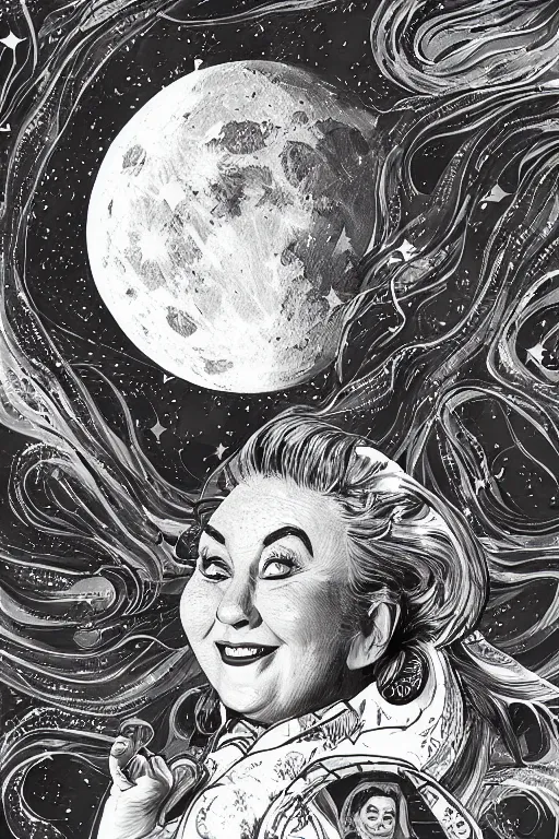 Prompt: beautiful detailed digital illustration cosmic, alice kramden on the moon, trending on artstation