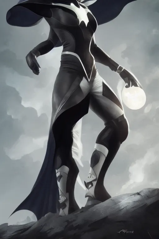 Prompt: characters portrait of MoonKnight mixed with Batman by ArtGerm and Tom Bagshaw, merged character, Full body shot, cinematic opening shot, 4k, highly detailed, cinematic lighting