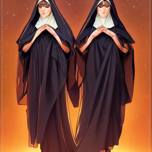 Prompt: two beautiful identical nuns under night sky, full body, intricate, elegant, highly detailed, digital painting, artstation, concept art, smooth, sharp focus, illustration, art by artgerm and greg rutkowski and alphonse mucha, detailed anime art