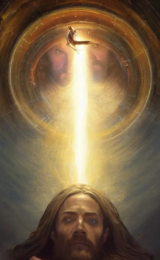 Prompt: jesus looking into a portal hopping and time warping with reckless abandon, surrounded by UFO and aliens, dramatic scene, masterpiece digital painting by Greg Rutkowski, Alex Grey, artstation, 4k wallpaper