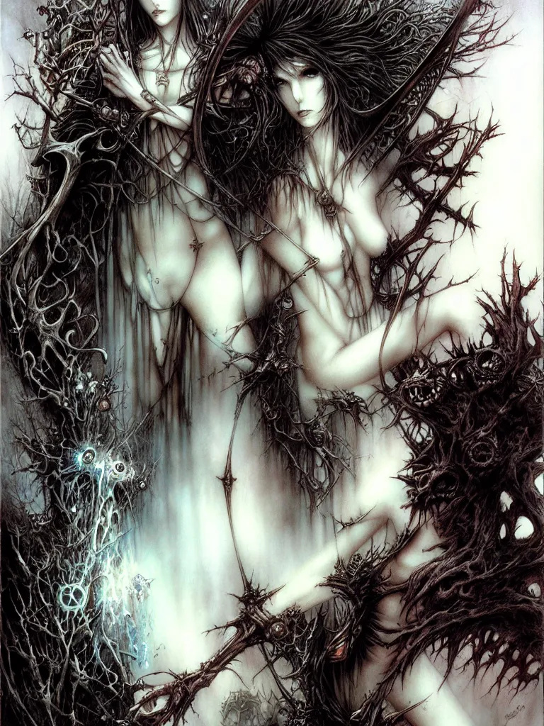 Prompt: life and death mixing together, by luis royo