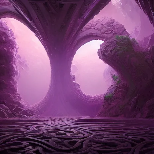 Prompt: a ultradetailed beautiful concept art a view of the unconscious labyrinth filled with countless path to the depth of the mind, dramatic lighting, dynamic lighting, cinematic lighting, purple color scheme, ultrawide angle, f 8, polarizer filter concept art, high resolution 4 k, by raphael lacoste and beeple and andreas rocha and artgerm, featured on artstation