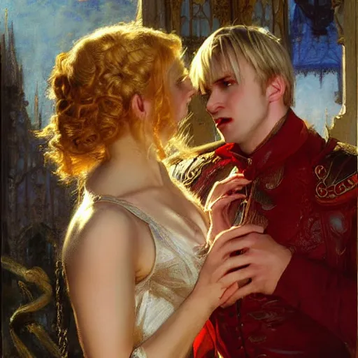 Prompt: attractive male arthur pendragon who has blond hair confesses his love to attractive male dracula. highly detailed painting by gaston bussiere, craig mullins, j. c. leyendecker 8 k