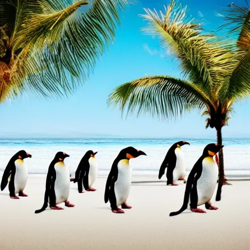 Image similar to photo of penguins on a tropical beach, palm trees, 50mm, beautiful photo