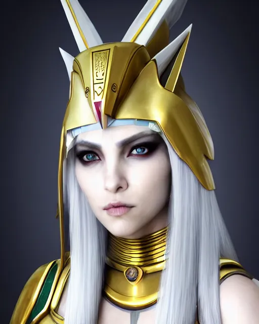 Image similar to perfect white haired attractive egyptian goddess, warframe armor, pharaoh headdress, beautiful, symmetric, dreamy, half asian, pretty face, green eyes, charlize theron, detailed, scifi platform, laboratory, experiment, 4 k, ultra realistic, epic lighting, android body, illuminated, cinematic, masterpiece, art by akihito tsukushi, voidstar