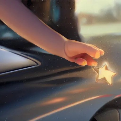 Image similar to ultra - close - up of child's hand attaching a star - shaped sticker to the surface of a car, digital art by ruan jia and mandy jurgens and artgerm, highly detailed, trending on artstation, award winning